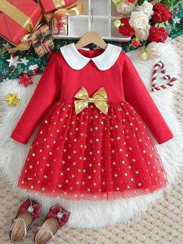 Young Girl Solid Color Splice Long Sleeve Bow Decor Casual Dress