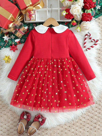 Young Girl Solid Color Splice Long Sleeve Bow Decor Casual Dress