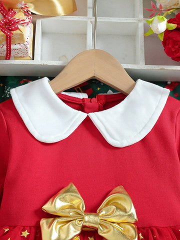 Young Girl Solid Color Splice Long Sleeve Bow Decor Casual Dress