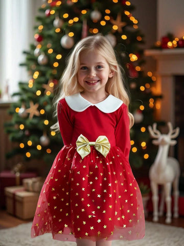 Young Girl Solid Color Splice Long Sleeve Bow Decor Casual Dress
