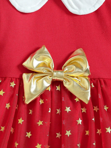 Young Girl Solid Color Splice Long Sleeve Bow Decor Casual Dress