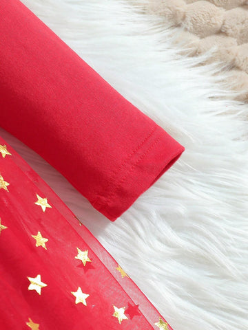 Young Girl Solid Color Splice Long Sleeve Bow Decor Casual Dress