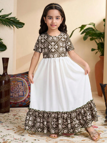 Young Girl Solid Color Splice Round Neck Short Sleeve Simple Elegant Dress