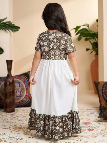 Young Girl Solid Color Splice Round Neck Short Sleeve Simple Elegant Dress