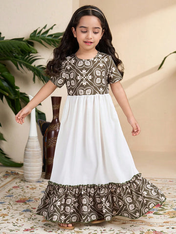 Young Girl Solid Color Splice Round Neck Short Sleeve Simple Elegant Dress