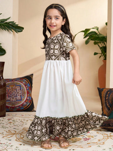 Young Girl Solid Color Splice Round Neck Short Sleeve Simple Elegant Dress