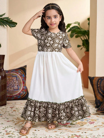 Young Girl Solid Color Splice Round Neck Short Sleeve Simple Elegant Dress