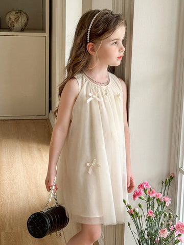 Young Girl Solid Color Spliced Mesh Sleeveless Round Neck Dress
