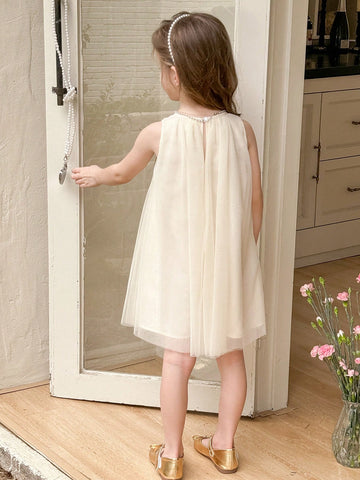 Young Girl Solid Color Spliced Mesh Sleeveless Round Neck Dress