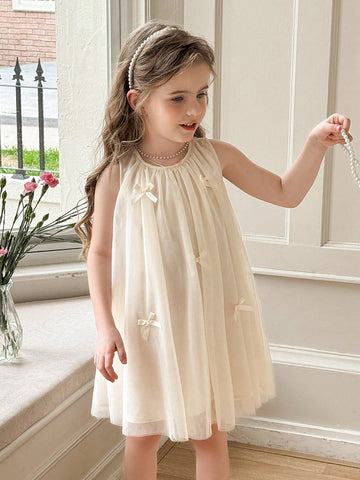 Young Girl Solid Color Spliced Mesh Sleeveless Round Neck Dress