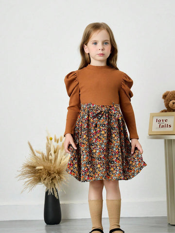 Young Girl Solid Color Stand Collar Gigot Sleeve Patchwork Ditsy Floral Fitted Casual Dress
