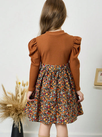 Young Girl Solid Color Stand Collar Gigot Sleeve Patchwork Ditsy Floral Fitted Casual Dress