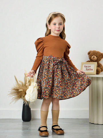 Young Girl Solid Color Stand Collar Gigot Sleeve Patchwork Ditsy Floral Fitted Casual Dress