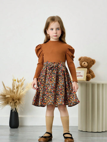 Young Girl Solid Color Stand Collar Gigot Sleeve Patchwork Ditsy Floral Fitted Casual Dress