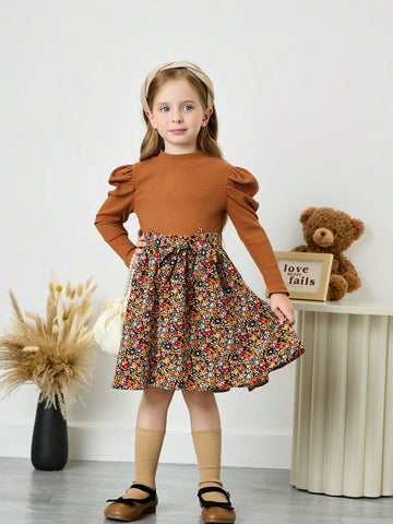 Young Girl Solid Color Stand Collar Gigot Sleeve Patchwork Ditsy Floral Fitted Casual Dress