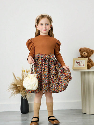 Young Girl Solid Color Stand Collar Gigot Sleeve Patchwork Ditsy Floral Fitted Casual Dress