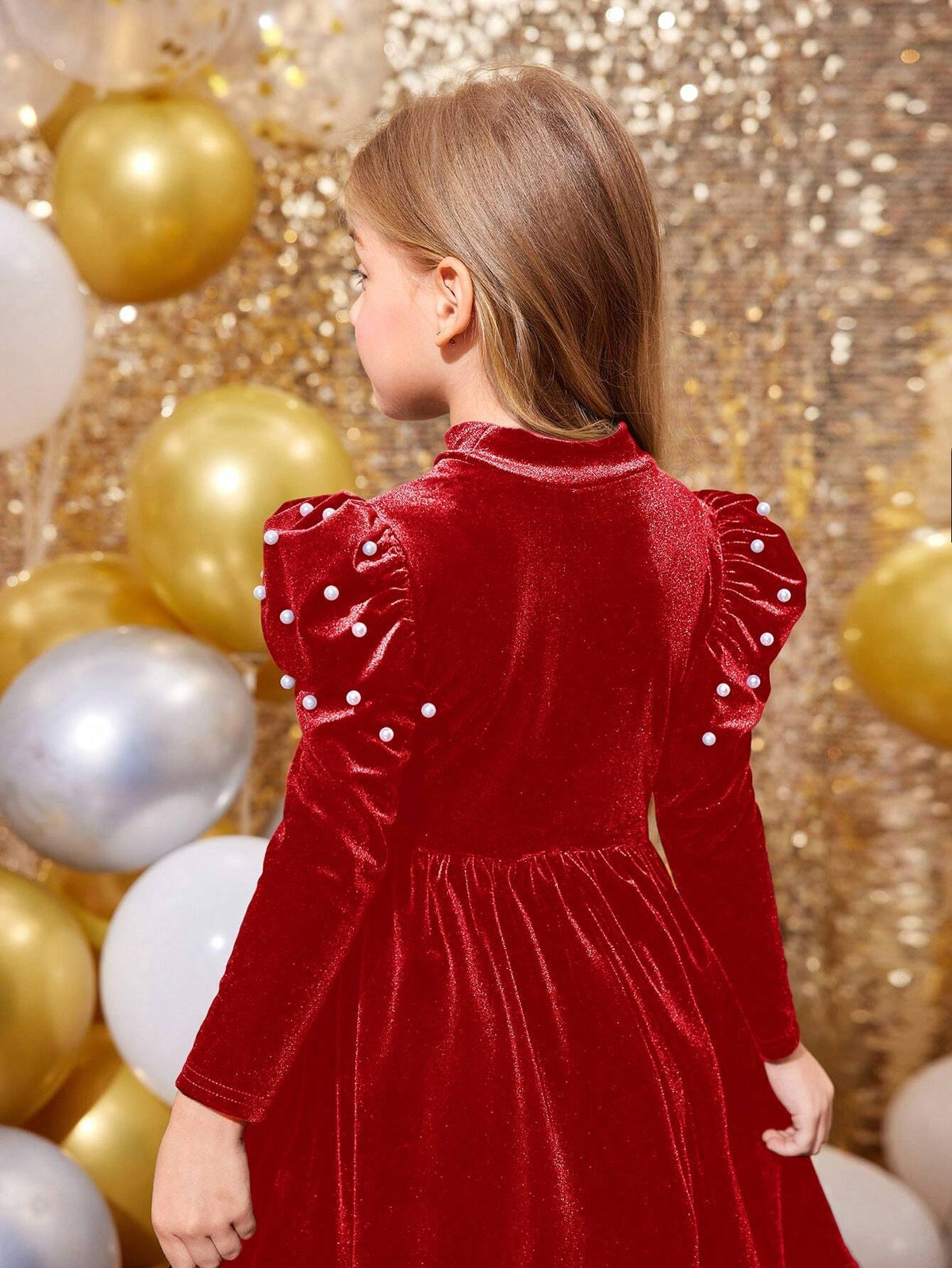 Young Girl Solid Color Stand Collar Gigot Sleeve Pearl Embellished Casual Knitted Dress, Christmas Dress