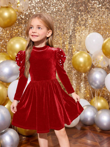 Young Girl Solid Color Stand Collar Gigot Sleeve Pearl Embellished Casual Knitted Dress, Christmas Dress