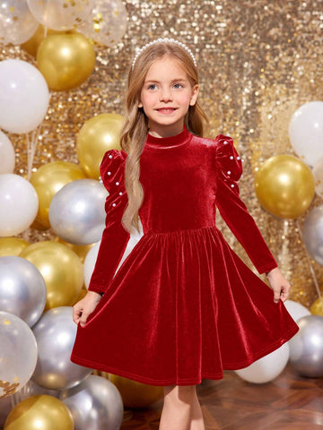 Young Girl Solid Color Stand Collar Gigot Sleeve Pearl Embellished Casual Knitted Dress, Christmas Dress