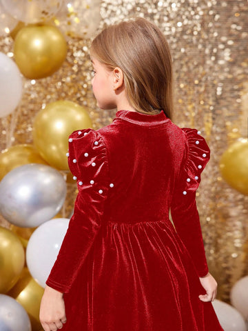 Young Girl Solid Color Stand Collar Gigot Sleeve Pearl Embellished Casual Knitted Dress, Christmas Dress