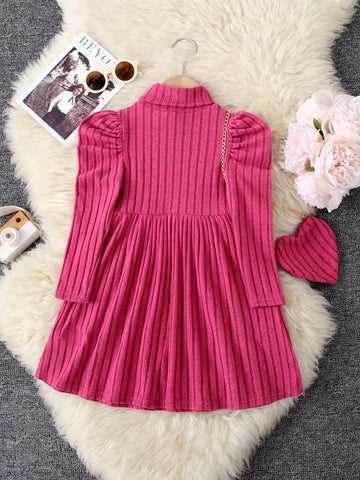 Young Girl Solid Color Stand Collar Leg-Of-Gigot Sleeve Fitted Casual Dress With Crossbody Bag
