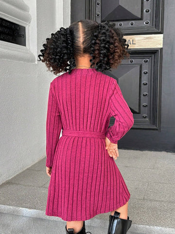Young Girl Solid Color Tight Crew Neck Casual Knit Dress