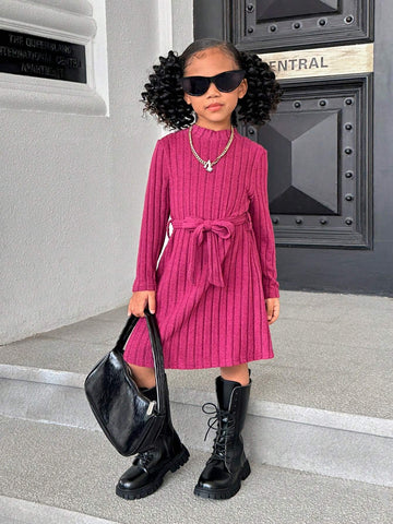 Young Girl Solid Color Tight Crew Neck Casual Knit Dress