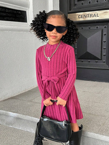Young Girl Solid Color Tight Crew Neck Casual Knit Dress