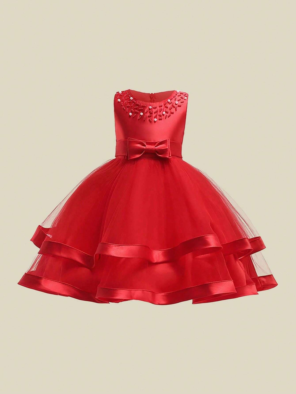 Young Girl' Solid Color Tulle & Satin Sleeveless Puff Skirt, Elegant Formal Party Dress