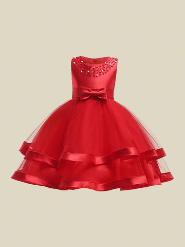 Young Girl' Solid Color Tulle & Satin Sleeveless Puff Skirt, Elegant Formal Party Dress