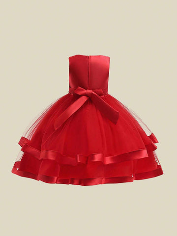 Young Girl' Solid Color Tulle & Satin Sleeveless Puff Skirt, Elegant Formal Party Dress