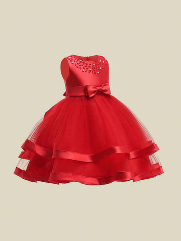 Young Girl' Solid Color Tulle & Satin Sleeveless Puff Skirt, Elegant Formal Party Dress