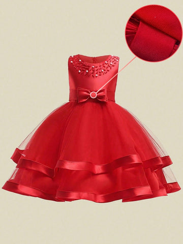 Young Girl' Solid Color Tulle & Satin Sleeveless Puff Skirt, Elegant Formal Party Dress