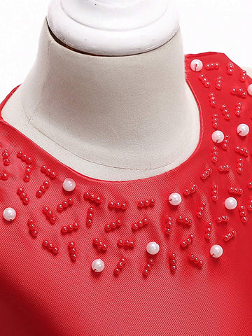 Young Girl' Solid Color Tulle & Satin Sleeveless Puff Skirt, Elegant Formal Party Dress