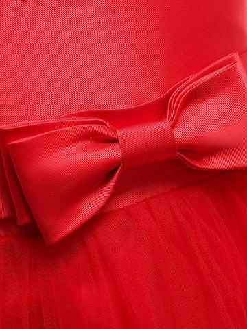 Young Girl' Solid Color Tulle & Satin Sleeveless Puff Skirt, Elegant Formal Party Dress