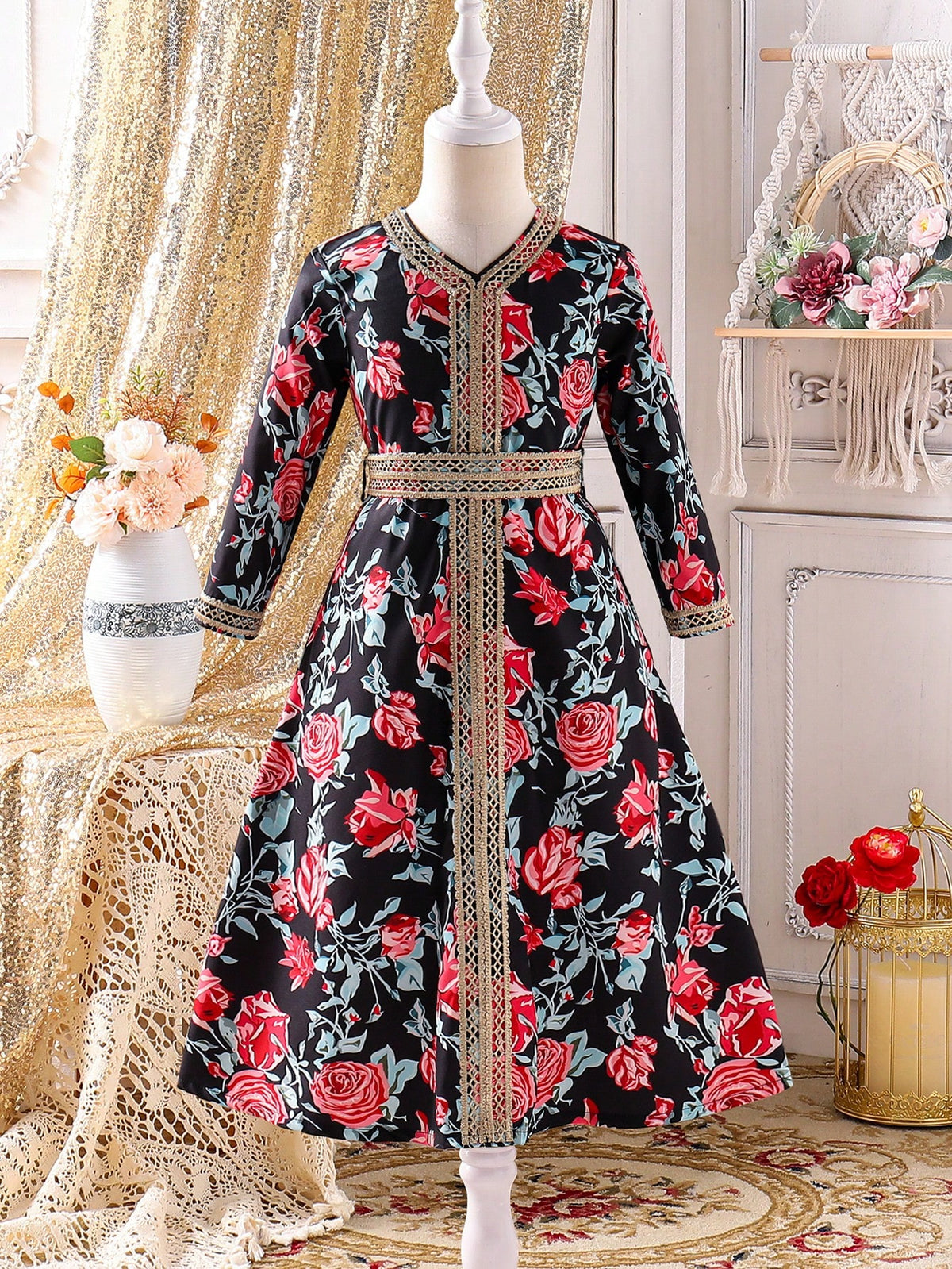 Young Girl Solid Color V-Neck Long Sleeve Simple Casual Dress