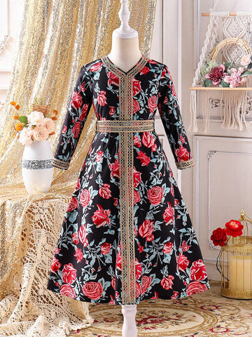 Young Girl Solid Color V-Neck Long Sleeve Simple Casual Dress