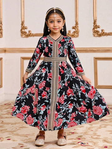 Young Girl Solid Color V-Neck Long Sleeve Simple Casual Dress