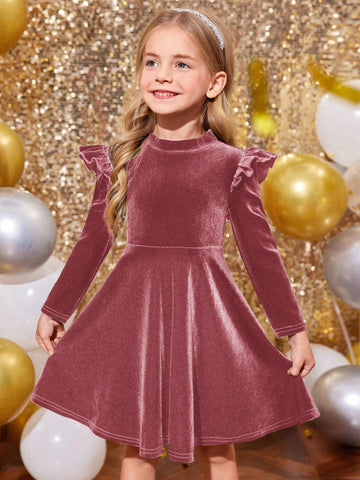 Young Girl Solid Color Velvet Knit Ruffle Trim Velvet A-Line Dress, Elegant Long Sleeve Cake Dress