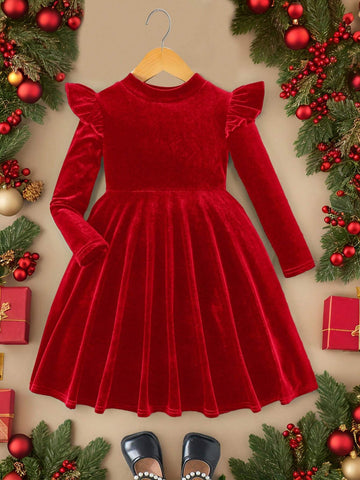 Young Girl Solid Color Velvet Knit Ruffle Trim Velvet A-Line Dress, Elegant Long Sleeve Cake Dress