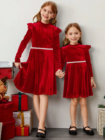 Young Girl Solid Color Velvet Knit Ruffle Trim Velvet A-Line Dress, Elegant Long Sleeve Cake Dress