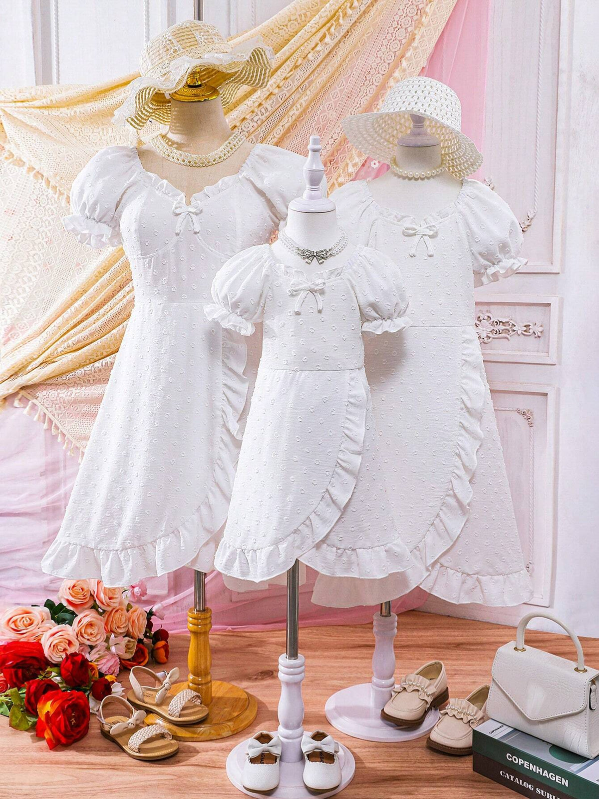 Young Girl Solid Color Woven Sweet Lotus Leaf Edge Bubble Sleeve One-Piece Dress For Summer