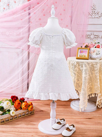 Young Girl Solid Color Woven Sweet Lotus Leaf Edge Bubble Sleeve One-Piece Dress For Summer