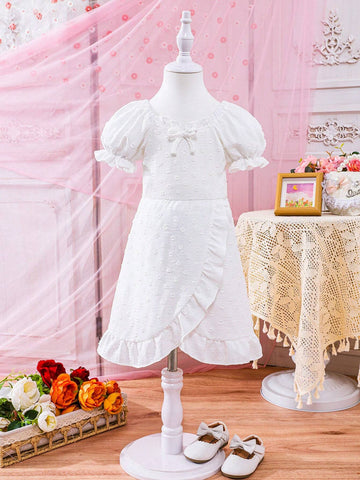 Young Girl Solid Color Woven Sweet Lotus Leaf Edge Bubble Sleeve One-Piece Dress For Summer