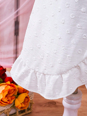 Young Girl Solid Color Woven Sweet Lotus Leaf Edge Bubble Sleeve One-Piece Dress For Summer