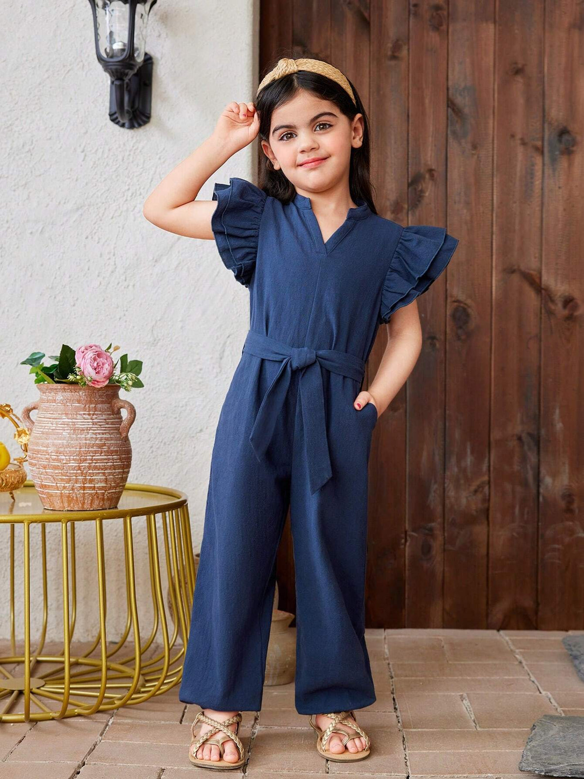 Young Girl Solid Color Woven V-Neck Ruffle Trim Loose Fit Casual Jumpsuit With Elastic Cuffs