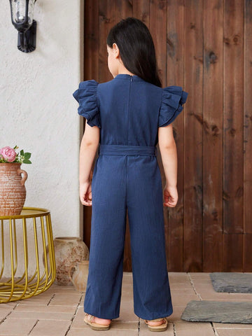 Young Girl Solid Color Woven V-Neck Ruffle Trim Loose Fit Casual Jumpsuit With Elastic Cuffs