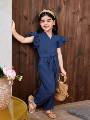 Young Girl Solid Color Woven V-Neck Ruffle Trim Loose Fit Casual Jumpsuit With Elastic Cuffs