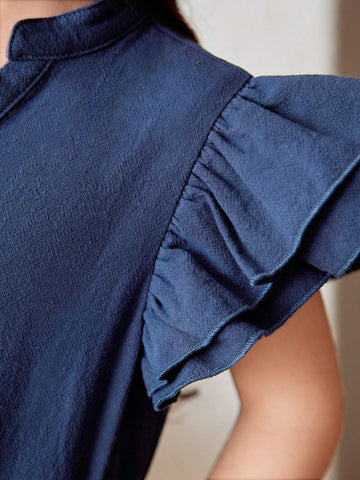 Young Girl Solid Color Woven V-Neck Ruffle Trim Loose Fit Casual Jumpsuit With Elastic Cuffs