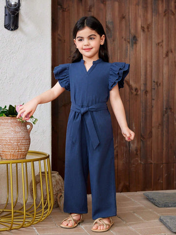 Young Girl Solid Color Woven V-Neck Ruffle Trim Loose Fit Casual Jumpsuit With Elastic Cuffs